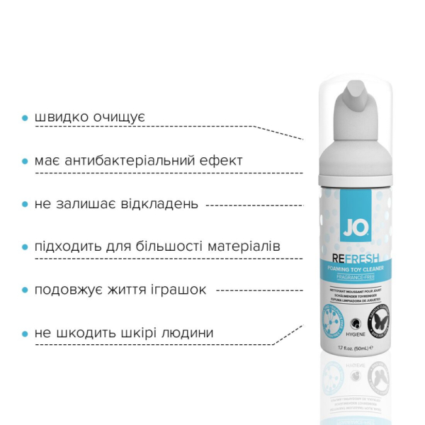 М'яка пінка для очищення іграшок JO REFRESH (50 мл), дезінфікує, проникає глибоко М'яка пінка для очищення іграшок JO REFRESH (50 мл), дезінфікує, проникає глибоко